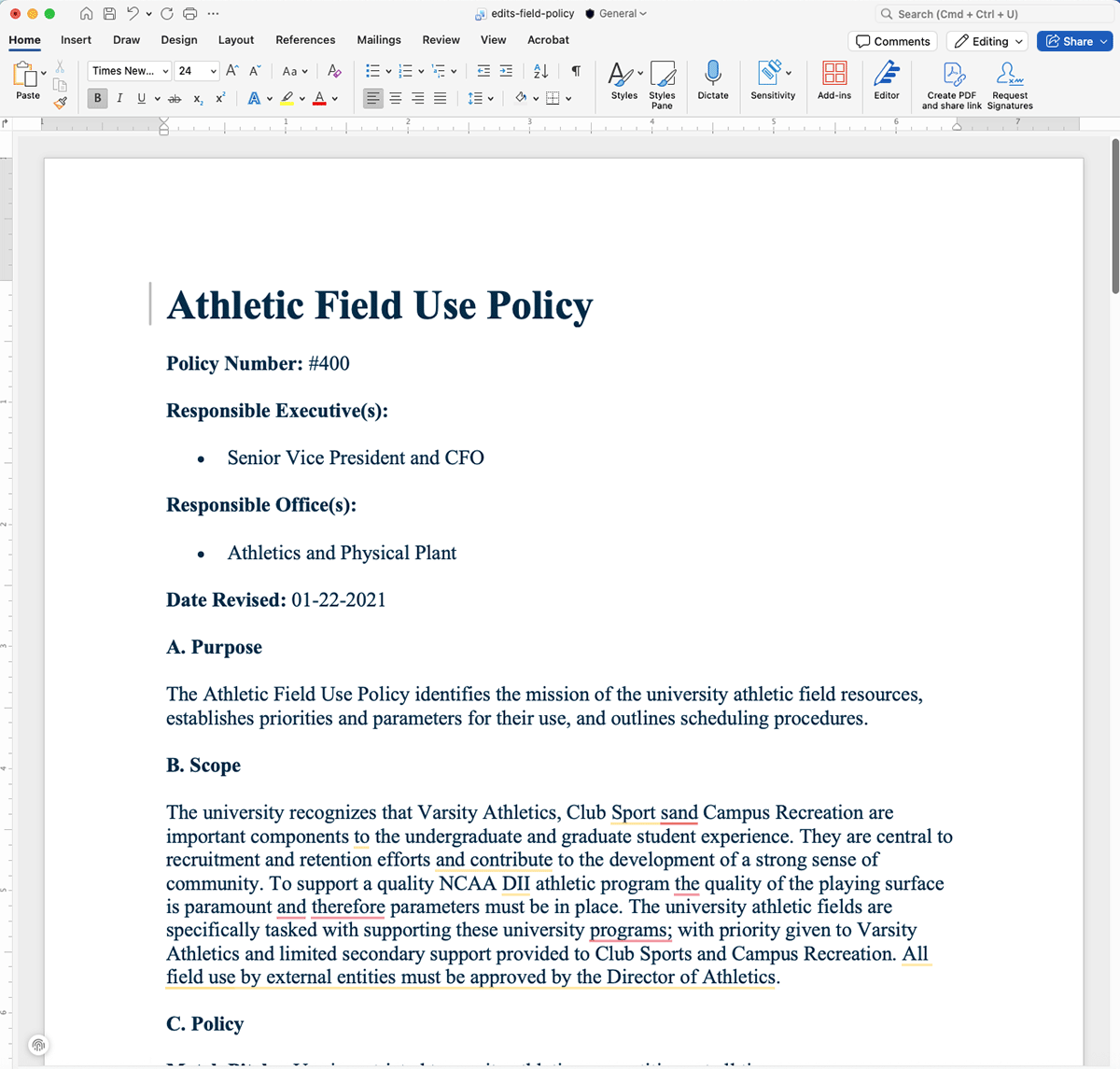 Word document with the content from the Athletic Field Use Policy pasted onto it.