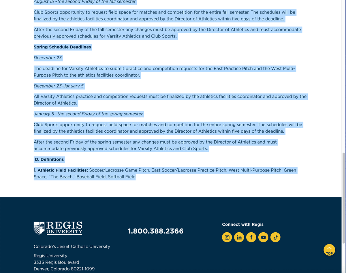 Webpage for the Athletic Field Use Policy with the copy highlighted all the way to the bottom of the page