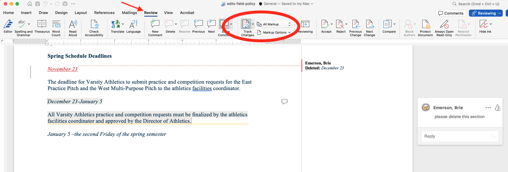 On the Review tab of the Microsoft Word document, the Track Changes button is circled with All Markup selected from the adjacent dropdown menu. In the content of the document, an edit has been made to delete December 23 and add November 23. A comment bubble has been added on the right that reads: “Emerson, Brie: please, delete this section” 