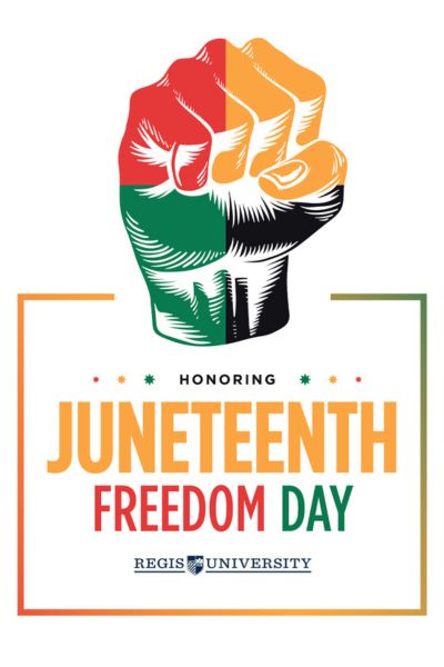 juneteenth fist and letters that say "Juneteenth freedom day"